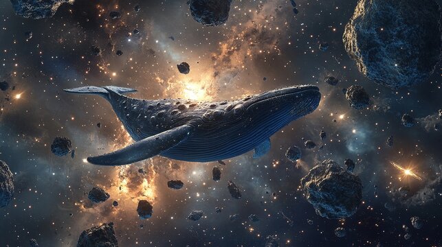 Whale in Space: A surreal spectacle unfolds as a majestic whale gracefully navigates the cosmos, surrounded by celestial bodies, embodying freedom and exploration.