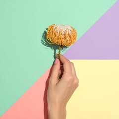 リューコスペルマムの花房を一輪、手元で優しく持つクローズアップのファッションビジュアル。
ミントグリーン、コーラルピンク、クリームイエローの80年代パステル幾何学背景を採用。
自然光のサイド光が背景に伸びる影を描き、ベルベットのようなマット質感を強調。
左ページに大きな余白を確保した見開き誌面構成で、美容・新生活キャンペーンに最適。