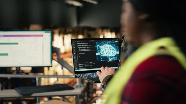 Military man, AI tech dashboards, machine learning algorithms, military base in warehouse storage center. AI-powered software optimizing control and tactical operations, defense industry.