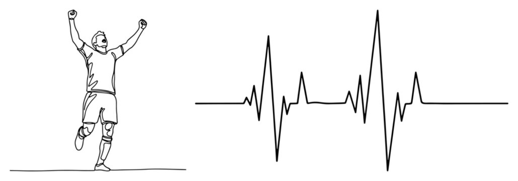 One line drawing of soccer player celebrating with heartbeat EKG line