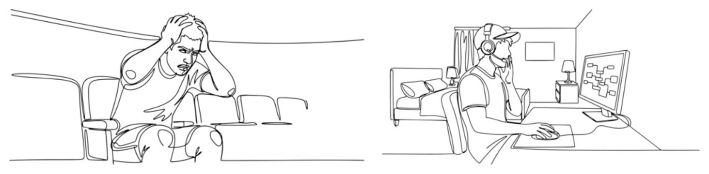 One line drawing showing a depressed man in a stadium and a man working at a desk