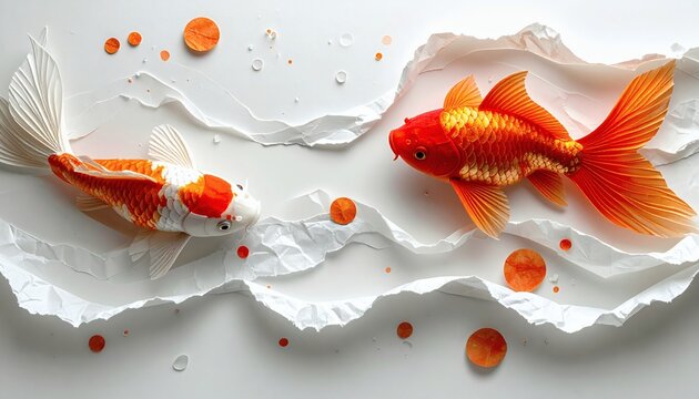 Goldfish swimming in white torn paper ripples