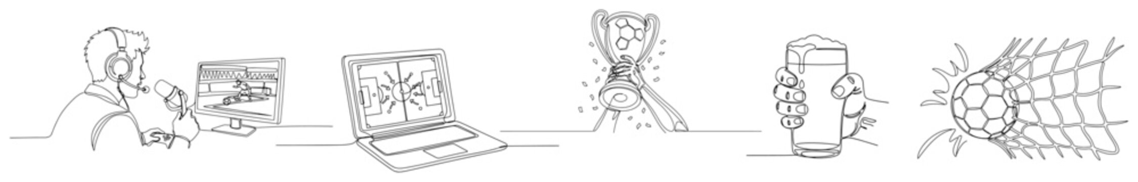 Continuous line drawing of football related icons including commentator trophy and beer