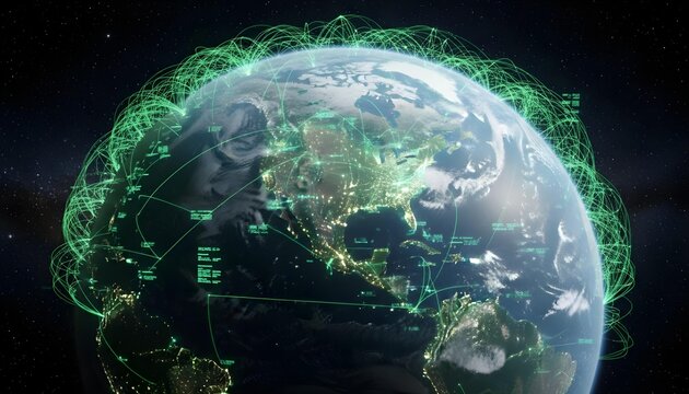 A stylized representation of Earth enveloped in a web of glowing orange data lines and nodes, illustrating global communication and big data exchange, futuristic illustration.