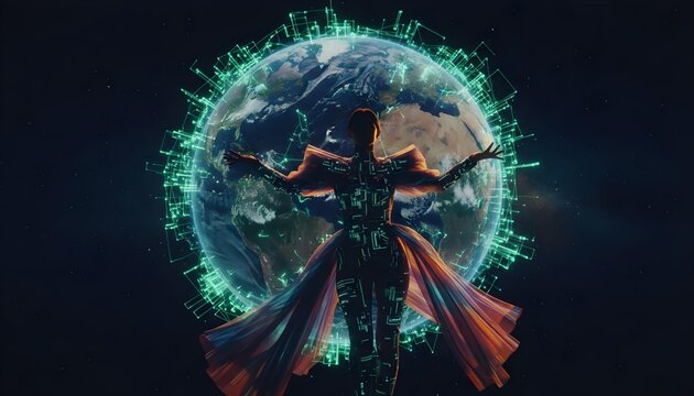 A stylized representation of Earth enveloped in a web of glowing orange data lines and nodes, illustrating global communication and big data exchange, futuristic illustration.