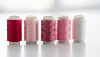 Spools of thread in various shades of pink and red for sewing projects