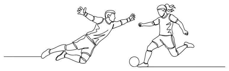 Continuous one line drawing of a male goalkeeper diving while a female player dribbles the soccer ball © Wieslaw