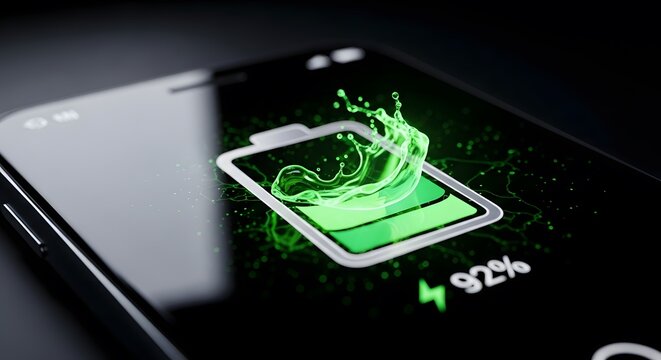 Mobile phone battery charging fast with green liquid splash on screen display showing 92 percent charged, smartphone power up concept with modern device