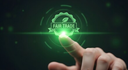 Fototapeta premium Fair trade concept with finger touching green badge, symbolizing ethical business practices and sustainable commerce, fairtrade, ecofriendly, sustainable, ethical, business, commerce