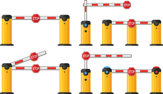Automatic parking barrier gate set with stop sign for security entrance control restricted area access and traffic management