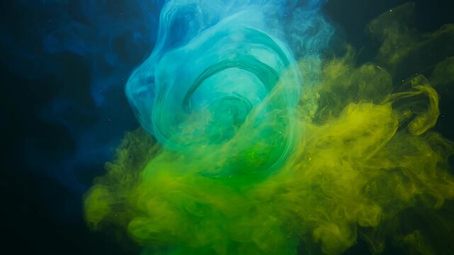 Abstract colored smoke in water, blue, green and yellow colors blend together