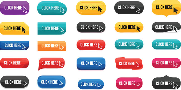 Large collection of colorful web buttons with click here text and cursor arrow pointers for website interface design and digital marketing call to action