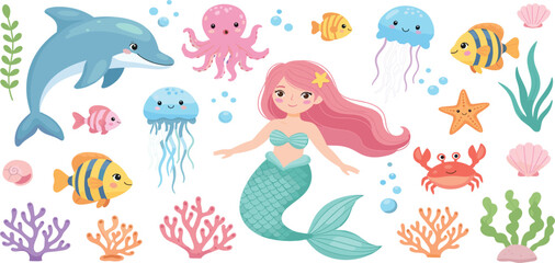 Cute Mermaid and Underwater Sea Animals Vector Set with Dolphin, Fish, Jellyfish, Coral, and Starfish for Kids Illustration and Nursery Design © Nazrul