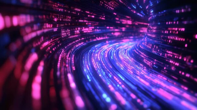 A mesmerizing video of a digital tunnel made of pink and blue pixels, creating a vibrant and dynamic visual effect.