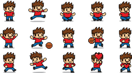 Naklejka premium Pixel art character sprite sheet featuring a small boy in a red shirt performing various actions like jumping running sitting and playing basketball for game development.