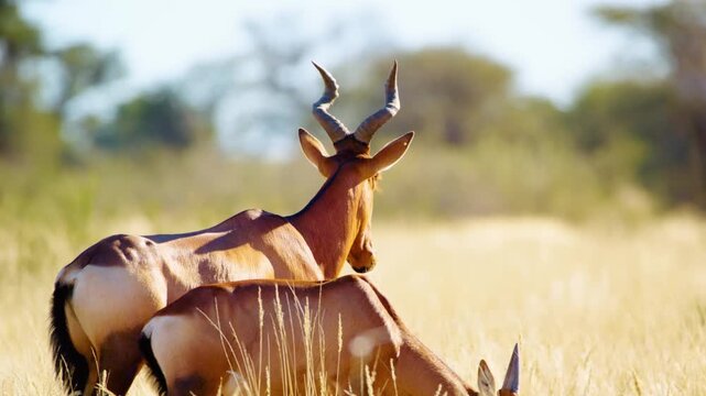 Red hartebeest ) or Cape hartebeest (Alcelaphus buselaphus caama) grazing in grasslands at Mountain Zebra National Park, Eastern Cape, South Africa.