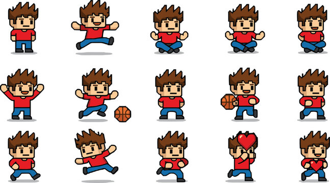 Pixel art character sprite sheet featuring a small boy in a red shirt performing various actions like jumping running sitting and playing basketball for game development.