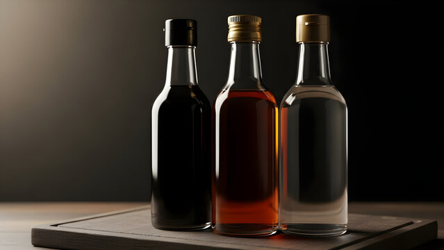 Three Glass Bottles of Vinegar Varieties on a Surface