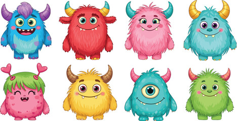 Set of cute colorful fluffy monster characters with horns and big eyes in cartoon style for children book illustrations. © MDFiroj