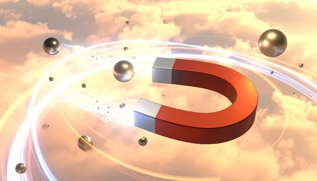 Captivating horseshoe magnet attracting metallic spheres with swirling energy