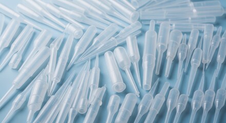 Obraz premium A pile of small plastic pipettes on a blue surface