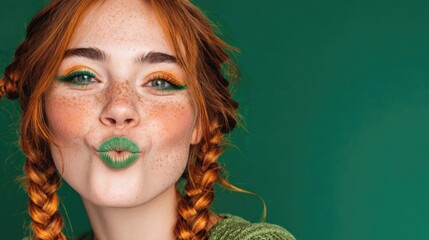 A young smiling woman with orange braids and bright green makeup poses against a green background. St. Patrick's Day celebration concept, themed makeup