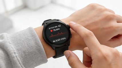 Fototapeta premium Close up first person view checking smartwatch fitness application, active lifestyle and smart wearable concept.