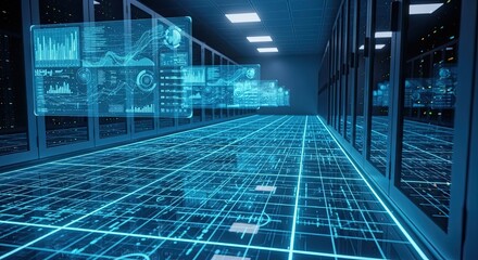 Fototapeta premium Futuristic server room with neon blue grid floor and transparent digital screens displaying data charts and graphs on walls representing advanced technology and data analysis