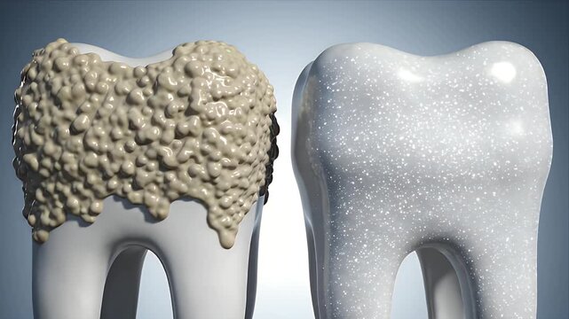 Comparison CGI showing plaque buildup versus clean healthy tooth macro view medical dental concept