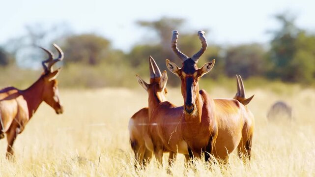 Red hartebeest ) or Cape hartebeest (Alcelaphus buselaphus caama) grazing in grasslands at Mountain Zebra National Park, South Africa. 