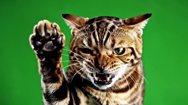Green Screen 4k bengal cat on isolated with chroma key real shot close up portrait of angry hissing and raising his paw scene 4 distortion, overlay, glitch, static noise, scan lines black background