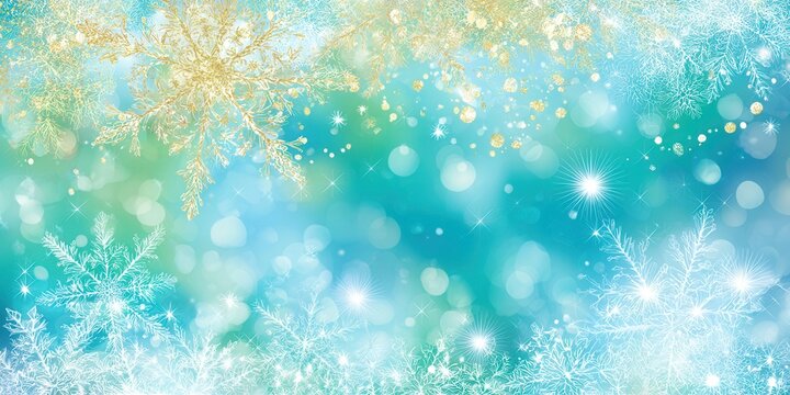 Fundo vibrante de inverno com flocos de neve dourados e azuis em efeito bokeh brilhante.