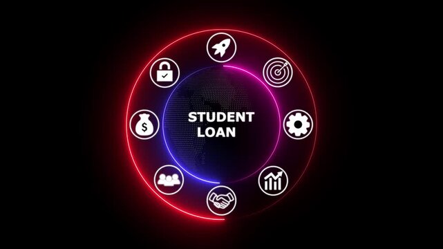 Student loan debt concept with glowing icons on dark futuristic background