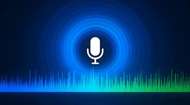 Vibrant digital microphone icon with sound wave graphic on a blue background