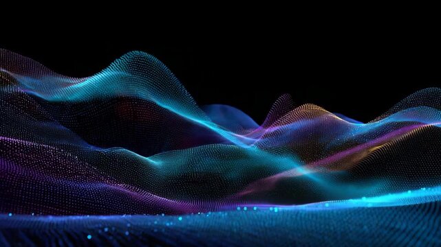 A mesmerizing video visualization of colorful digital waves flowing across a dark background in a stunning display of technology and innovation.