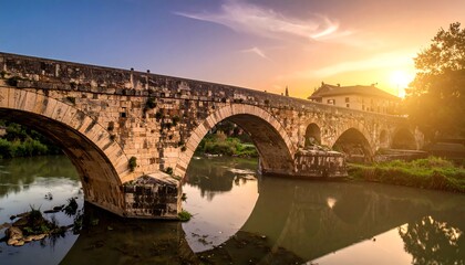 Obraz premium A serene stone bridge spans a calm river at sunset