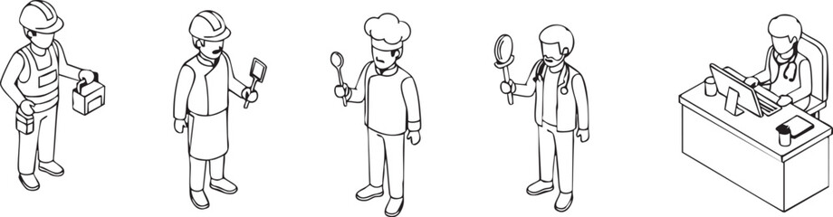 Minimalist Professional Icons: Isometric Workers, Electrical Power, and Human Silhouettes