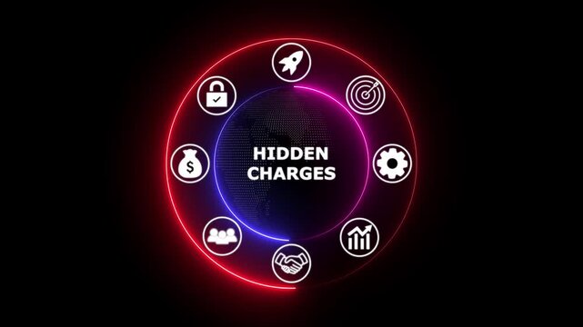 Hidden charges concept with glowing icons on dark background financial alert