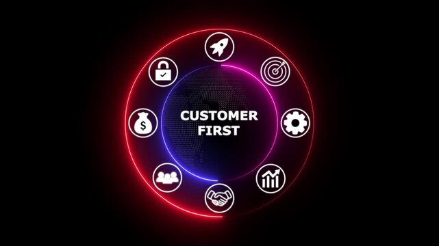 Customer First Concept with Glowing Icons on Dark Background for Business Success