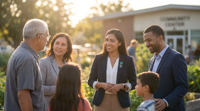 Female community leader engaging with a multi-generational family outdoors at sunset.