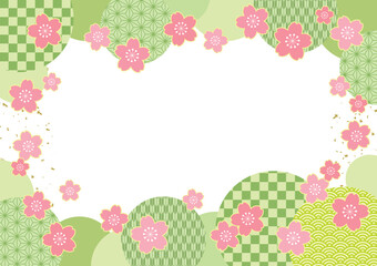 桜の花と和柄サークルの春らしい和風フレームポストカード/グリーン