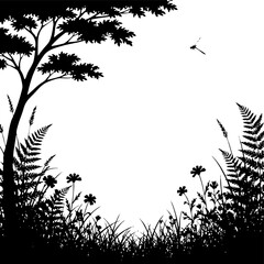 Obraz premium Black and white nature silhouette frame with tree and flowers