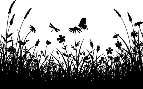 Grass and flower meadow silhouette with butterfly and dragonfly