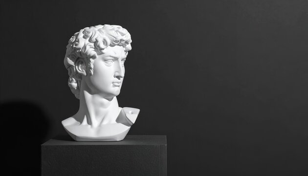 Busto cl&aacute;ssico de Davi em m&aacute;rmore branco, iluminado contra um fundo escuro minimalista, celebrando a arte.