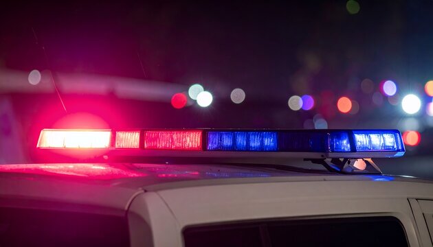 Gros plan sur les gyrophares rouges et bleus d'une voiture de police allum&eacute;s la nuit lors d'une intervention d'urgence en ville.