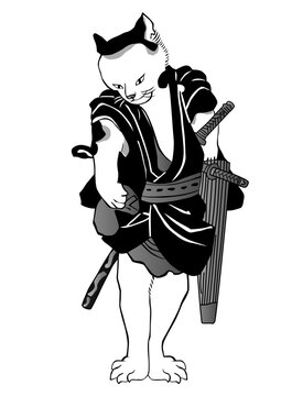 Ukiyo-e Style Samurai Cat Illustration Vector &ndash; Japanese Anthropomorphic Character