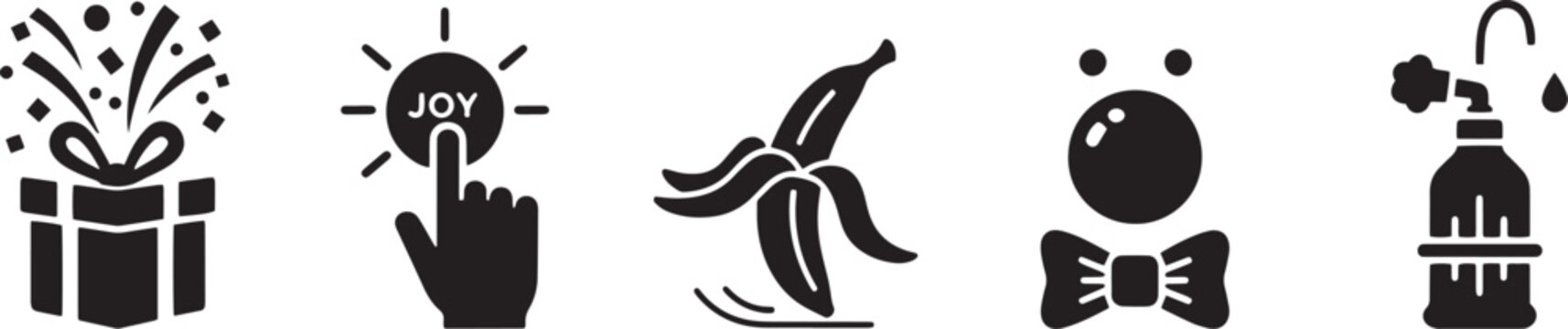 Practical jokes set with various iconic symbols of pranks like a bursting gift box a joy buzzer a banana peel and a squirting flower