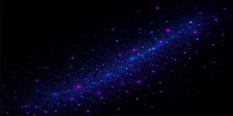 An abstract blue cosmic background features a deep starry sky filled with glowing particles and a purple nebula shimmering across the dark expanse of the outer space galaxy © MDNUR
