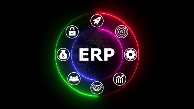 ERP enterprise resource planning neon glowing icons digital business technology hub futuristic interface