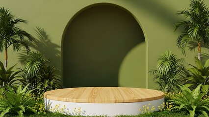 Fototapeta premium Green wall with archway and wooden platform surrounded by tropical plants for product display